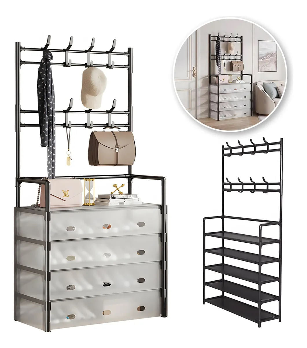 5-Layer Hall Tree with Metal Coat Rack Shoe Rack Entryway Storage Organizer Home