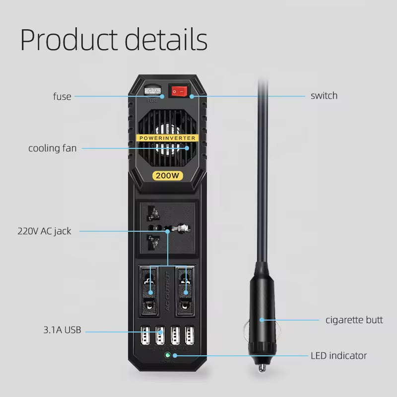 200W Power Inverter, DC 12V to AC 220V Car Power Inverter with 4 USB Port Cigarette Lighter