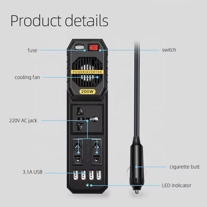 200W Power Inverter, DC 12V to AC 220V Car Power Inverter with 4 USB Port Cigarette Lighter