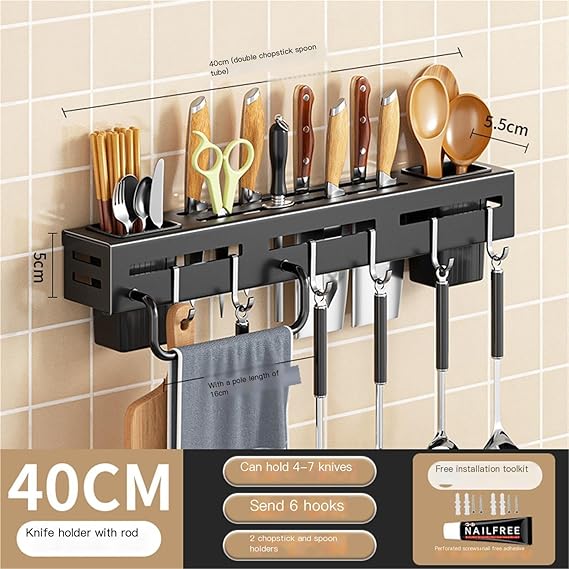 Multifunction Kitchen Gadget Rack, Knife Chopsticks Storage Rack Organizer No Drilling Wall Mounted Kitchen Hanging Rack 40cm