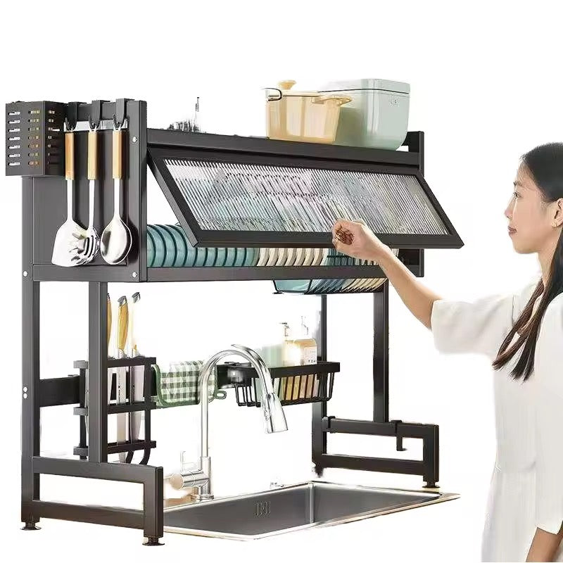 Over Sink Dish Rack Drainer with Cover - Space-Saving Organized Drying Rack for Dishes, Glasses, Bowls, Cutlery