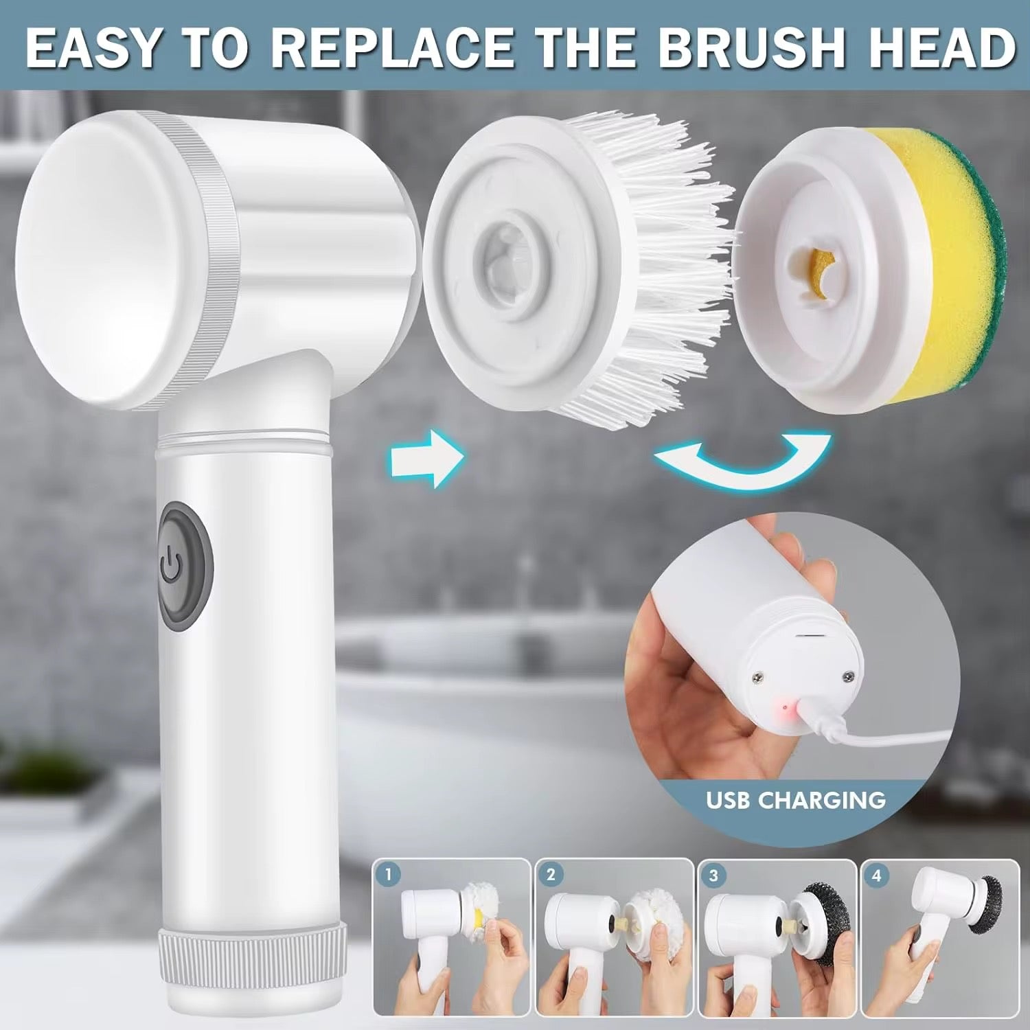 Electric Cleaning Brush Cleaning Brush Spin Scrubber Portable Wireless Rechargeable with 3 able Brush Heads for Kitchen Bathroom Wall Window Corners, White