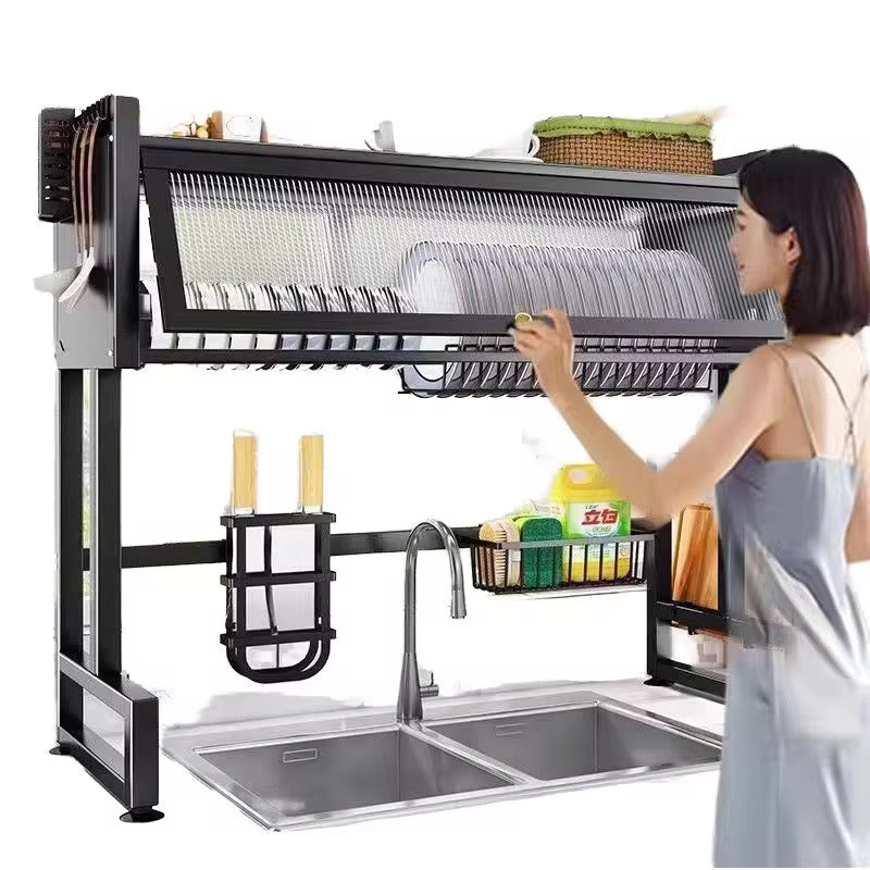 Over Sink Dish Rack Drainer with Cover - Space-Saving Organized Drying Rack for Dishes, Glasses, Bowls, Cutlery
