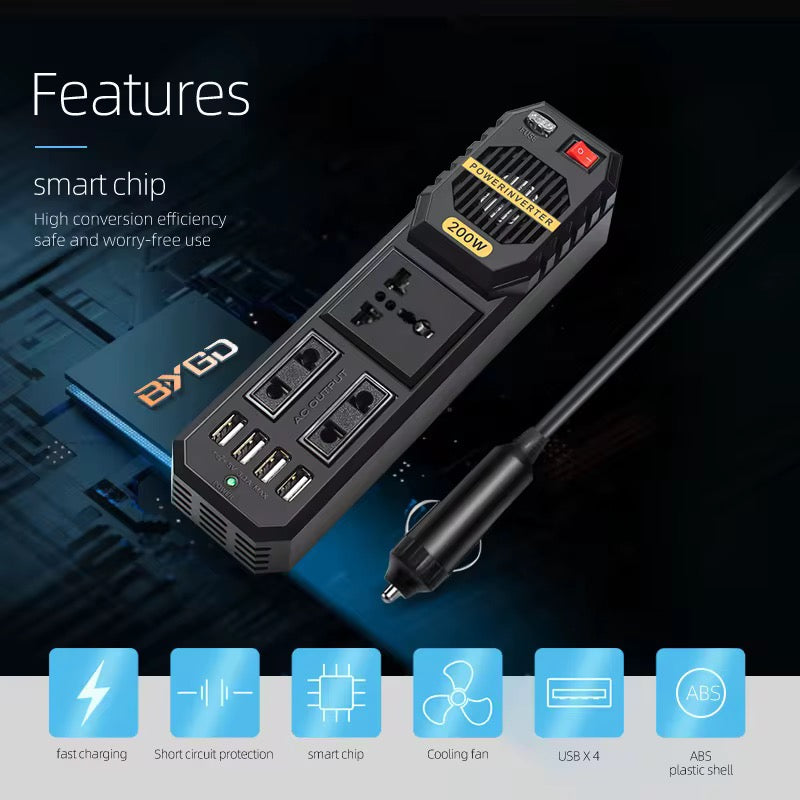 200W Power Inverter, DC 12V to AC 220V Car Power Inverter with 4 USB Port Cigarette Lighter